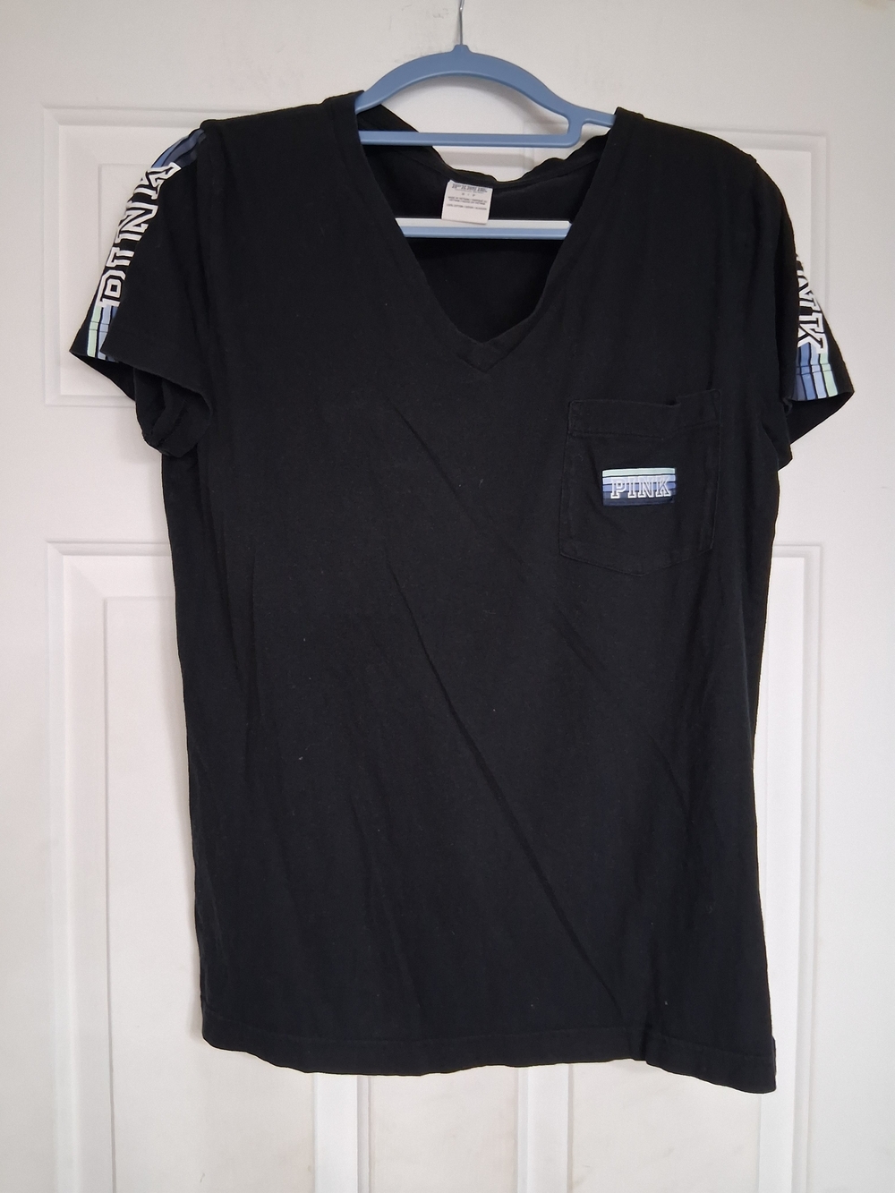 PINK Victoria's Secret Black V-Neck Pocket Tee Shirt Short Sleeve Small